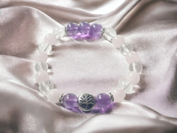 Bracelet quartz rose améthyste cristal de roche anti stress